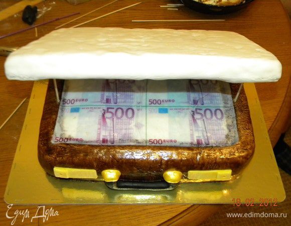 Обтянула крышку... положила ее на две шпажки, которые воткнула в торт напротив друг друга, и на заднюю часть торта. 