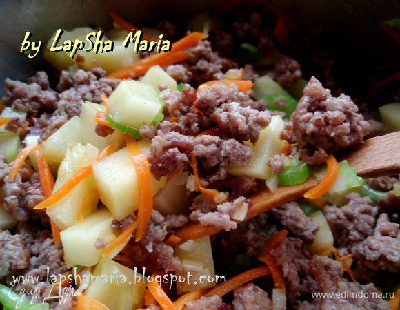 Теперь добавить фарш с соком, если он выделился. И бульон (я добавляю воду 600 мл + немного замороженного бульона, буквально 100 мл.) Посолить, добавить белый перец и мускатный орех. Поварить на среднем огне до готовности картофеля, около 10-15 минут.