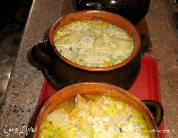 На дно горшочка крошим картошку.
затем белые грибы,морковку,лук,чеснок,карт.
ставим в духовку до готовности.