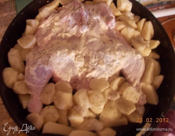 Курочку разрезаем вдоль по грудке.Укладываем на,смазанный любым маслом, противень.Картофель чистим и режем на четвертинки.Курицу и картофель солим,посыпаем розмарином и измельчённым чесноком.Курочку сверху хорошенько смазываем сметаной. Ставим в разогретую духовку на 60минут,при 220С.