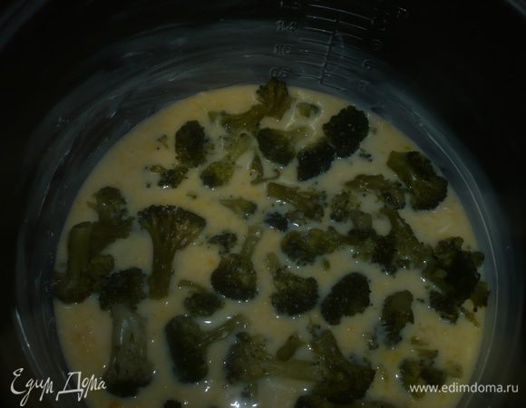 выложить полученную массу в смазанную слив.маслом кастрюльку мультиварки, сверху выложить брокколи 
