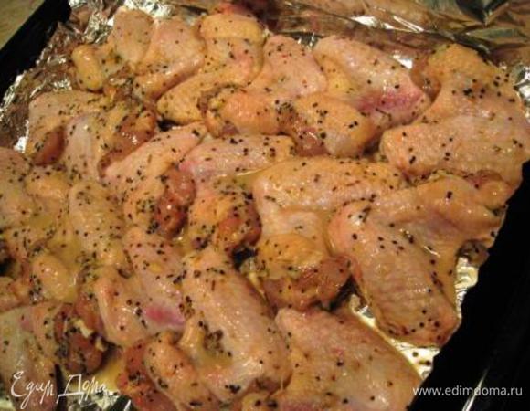 Крылья помыть, обсушить бумажным полотенцем. Посолить, поперчить, добавить остальные специи, перемешать. Смешать в чашке йогурт и мед, вылить к крылышкам. Перемешать. Оставить минимум на час. Выложить в противень, запекать при 200 гр 40 мин. Ориентир по духовке.  