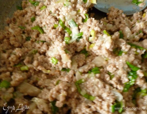 Приготовим начинку.Мясо пропустить через мясорубку,мелко нарезать репчатый лук.На растительном масле обжарить до прозрачности лук,затем добавить фарш и обжарить до готовности,но не пересушить.Остудить,добавить зелень,сырое яйцо,поперчить и посолить и хорошо перемешать.