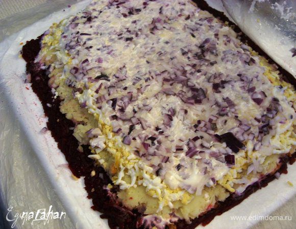 На яичный слой выложить лук, также уменьшая высоту прямоугольника и оставляя неизменной его длину. Луковый слой закрыть целлофаном и уплотнить.