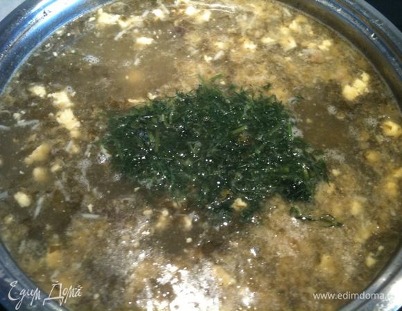 К борщу добавить укроп, Довести до кипения и сразу выключить. Если вы варите борщ с соленым щавелем, то солить его не нужно, он получается сразу соленым, если же вы применяете свежий щавель, то нужно посолить по вкусу.