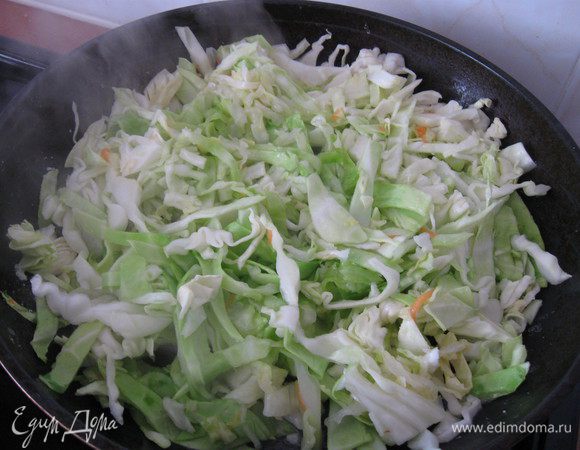 Капусту тоненько нашинковать. Лук полукольцами пожарить на другой сковороде до золотистого цвета, добавить капусту, жарить постоянно помешивая. 