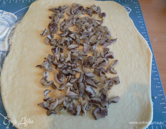  из перечисленных продуктов приготовить дрожжевое тесто.Как тесто поднимется раскатать тесто в прямоугольный пласт на тесто положите обжаренные грибы с луком ,