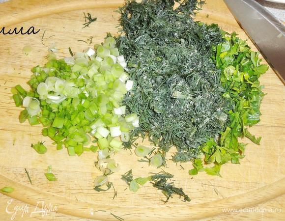 Зелень укропа и петрушки измельчите, лук мелко порежьте.