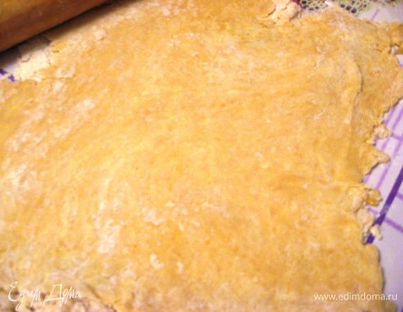 Достаем тесто. Отрезаем кусочек для решетки. Остальное тесто раскатываем, кладем в форму(предварительно можно выстелить форму пергаментной бумагой или смазать растительным маслом). 