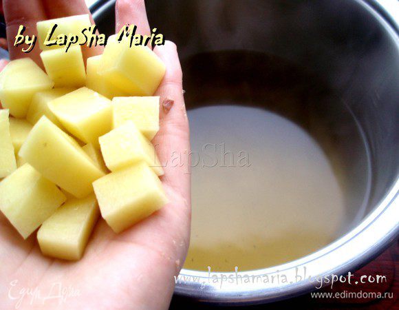 Итак, первым делом приготовим бульон. Как я уже говорила, очень удобно его приготовить с вечера и оставить в холодильнике до утра. Я варю бульон из постной части говядины. Также можно сделать бульон и со свининой, а некоторые ещё и курицу добавляют. Опускаем мясо в холодную воду. Когда накопиться сверху пенка, снимем её аккуратно. Когда бульон закипит положим очищенную луковицу и морковь целиком, а также корень петрушки или сельдерея. Добавим лавровые листики и душистый перец. Уменьшим огонь до легкого бурления и оставим на 1,5 часа. Затем посолим и поварим ещё пол часика. Учтите, что бульон для солянки нужно совсем немного недосолить, поскольку затем мы добавляем уже посоленные мясные продукты, а также соленые огурцы. Настоявшись суп станет немного более соленым за счет этого. Из бульона выловить мясо и овощи. Половину мяса нарезать на кубики, а овощи выкинуть. Бульон процедить и поставить на средний огонь. Картофель почистить и нарезать на небольшие кубики. Опустить в кипящий бульон.  