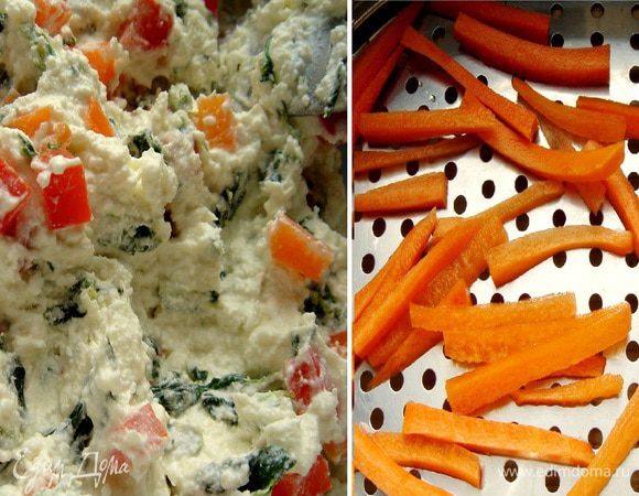 Для второй начинки морковь и сладкий перец сварить в пароварке(20 минут)или обжарить на растительном масле.Треть овощей отложить для соуса,а остальное нарезать кубиками.Смешать  протёртый творог со шпинатом,овощами,чесноком,базиликом,и солью.Если творог слишком влажный,то можно добавить в начинку 1 ч.л.крахмала.