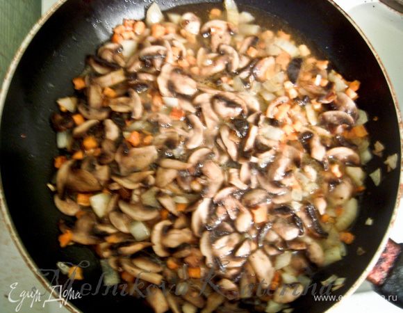 Вернуть грибы в сковороду, добавить воду. Также добавить соль, специи. Томить грибы 10 минут без крышки. 
