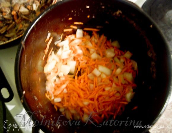 В кастрюле с толстым дном разогреть оливковое масло, добавить натертую на крупной терке морковь, мелко нарезанный лук, чеснок и пассировать несколько минут. 