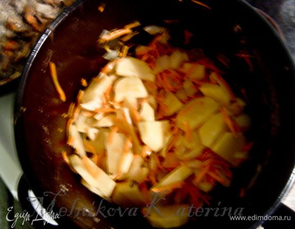 Добавить нарезанный кружочками картофель, томаты и тушить еще несколько минут. 