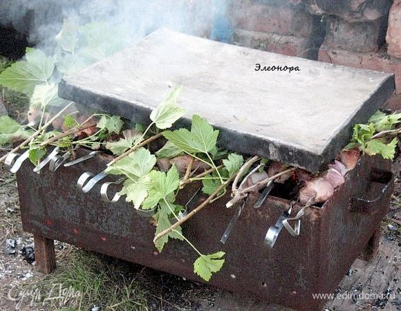 Всё как всегда,только накрыли веточками смороды,такой аромат ммммм.....и огонь не воспламеняется,не надо постоянно караулить...))))
А сверху ещё потом прикрыли противнем для жары....
Шашлык был сочным ,ароматным и не подгорелым!!!!!
Пробуйте,скоро лист смороды появится!!!!!)