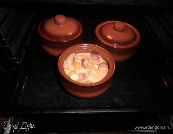 Закрываем горшочки крышками и ставим в духовку при t 190 на 30 мин.

