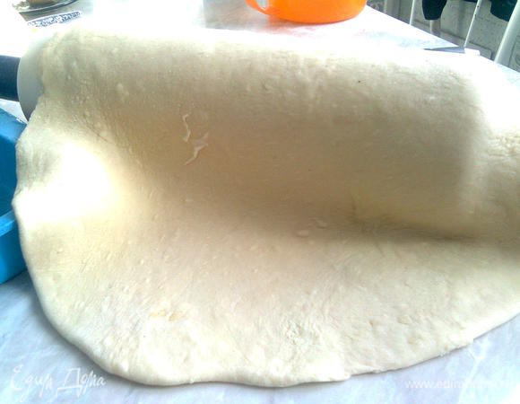 Возьмите квадратную или круглую форму. Тесто для курника разделите на 2 части. Одна должна быть больше, другая — меньше. Распределите большую часть теста по форме. Сделайте бортики. Выложите начинку.