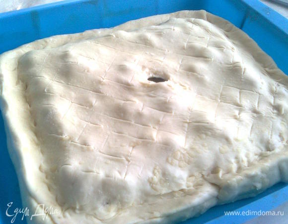 Сверху закройте оставшимся тестом, которое необходимо раскатать. В середине пирога сделайте отверстие, чтобы пирог «дышал». Выпекайте при 180°C около 40 минут.