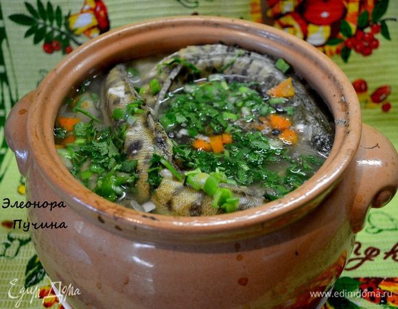 Посыпаем уху свежей зеленью и подаём с грибным пирогом.