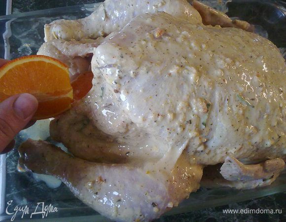 нафаршировать курицу мандаринами, зашить.