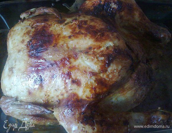 Поставить курочку в духовку на 45 мин под фольгой, потом фольгу снять и подрумянить еще минут 30.