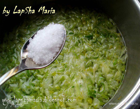 Когда бульон с луком закипит, посолим его и добавим белый перец и мускатный орех.