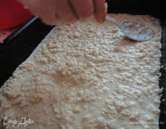 Выложить на смазанный растительным маслом противеньтесто, разровнять ложкой.Поставить в разогретую духовку на 15 -20 минут.