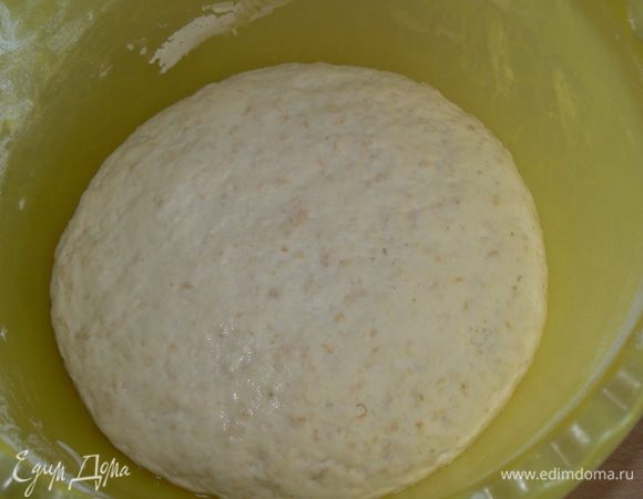 Миску смазать маслом, положить тесто, затянуть  плёнкой и убрать в тёплое место для подъема на 1,5-2 часа....