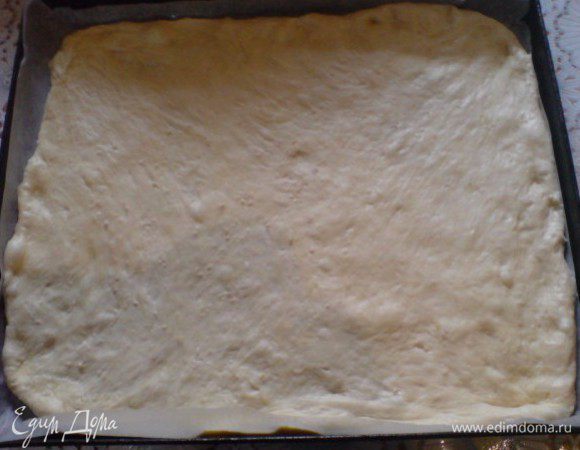 Тесто должно вырасти раза в 2 в объеме и стать очень эластичным. Стол и скалку слегка присыпать мукой.Тесто раскатать тонко,толщина ~3 мм.Если при раскатывании на вашем тесте видны пузырьки воздуха,не переживайте,вы все сделали правильно! Затем противень(у меня 14х25,можно немного больше) смазать маслом,и выложить тесто.