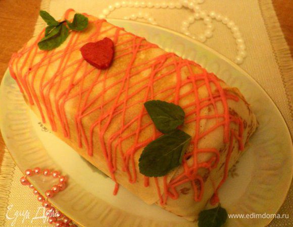 Вынуть террин из формы, перевернув на блюдо. Украсить по своему желанию. Я украсила сеточкой из растопленного белого шоколада со сливками и крупинкой пищевого красителя ( можно просто белым или черным шоколадом), сердечком из ягодного желе и листиками мяты.