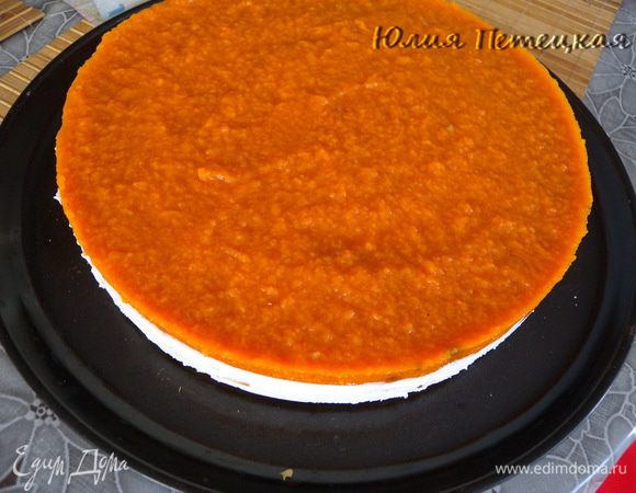 Вылить в форму на застывший йогурт. Остудить в холодильнике. Снять форму. 