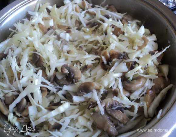Капусту порезать мелкой соломкой, добавить к грибам и потушить под крышкой 10 мин. Затем добавить сметану, соль, перец, кориандр по вкусу и потушить 5 мин.