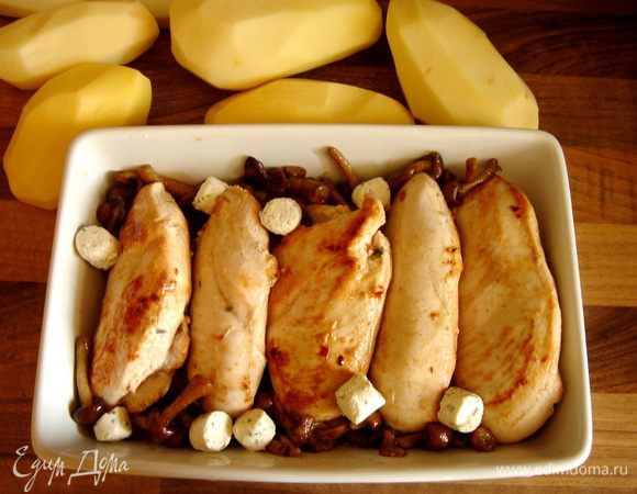 Переложить филе и грибы в жаропрочную форму,добавить сыр и пластины чеснока.Залить смесью сливок и вина.Посолить.Запекать в духовке при 180*С около 20 минут.