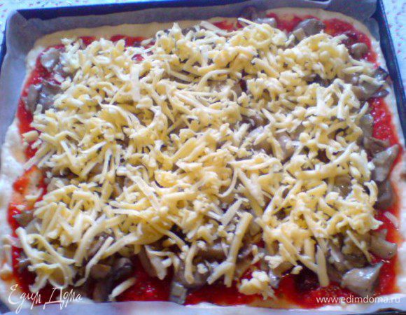 Я в этот раз добавляла вяленые помидоры,которые присыпала прованскими травами ,сверху положила вешенки, жареные с луком, и сыр.Отправить в хорошо разогретую духовку где-то на 15 минут.