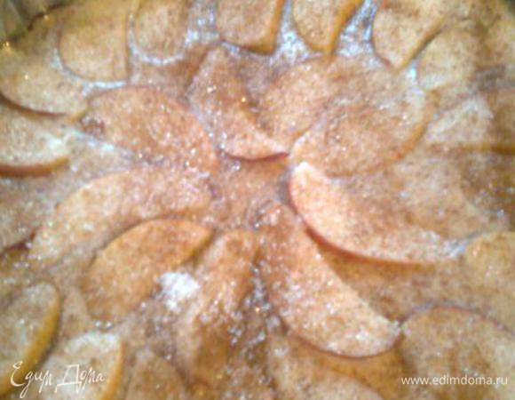 НАЛИВАЕМ ТЕСТО , ВЫКЛАДЫВАЕМ СВЕРХУ ЯБЛОКИ И ПОСЫПАЕМ СВЕРХУ КОРИЦЕЙ С САХАРОМ