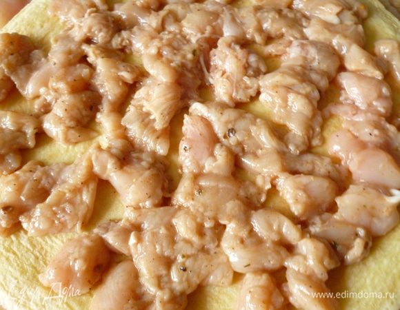 На блинчик выкладываем мелко нарезанное мясо.