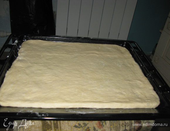 Раскатать большую часть теста на весь противень,если он не очень большой. толщина сантиметра 3. Отдельно потоньше раскатать оставшуюся часть на доске. Оставить подходить в тёплом месте на час полтора. Я чуть нагреваю духовку и ставлю туда.