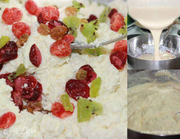 Добавляем цукаты, яичную смесь, и перемешиваем)