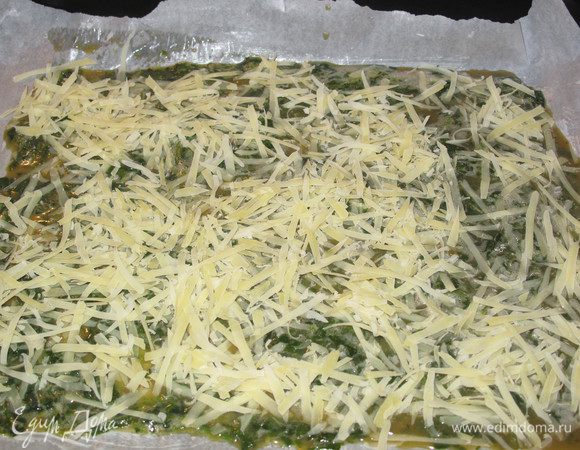 Шпинат отварить на пару,остудить и отжать лишнюю жидкость.
яйца взбить,смешать со шпинатом,посолить,поперчить(по желанию)
Противень выстелить пергаментом,распределить шпинат с яйцами,посыпать тёртым пармезаном и поставить в хорошо разогретую духовку(180г) на 5-7 мин.