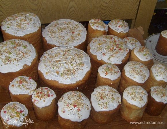 Готовое тесто разделить на части. Заполнить тестом 1/3 формы, дать подойти и выпекать в хорошо разогретой духовке. Большие куличи выпекать 1 час.