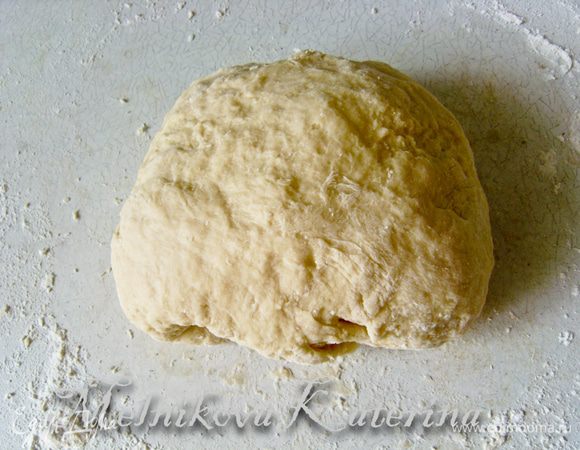 Выложить тесто на стол с мукой и добавляя оставшуюся муку, замесить тесто. 