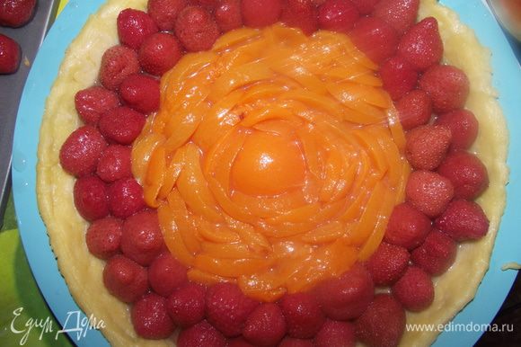 Распределить фрукты по форме и залить их.Запекать пирог в духовке при температуре 180-200 градусов 30-40 минут. Есть остывшим иначе заливка потечёт, а так она застынет и не будет растекаться.