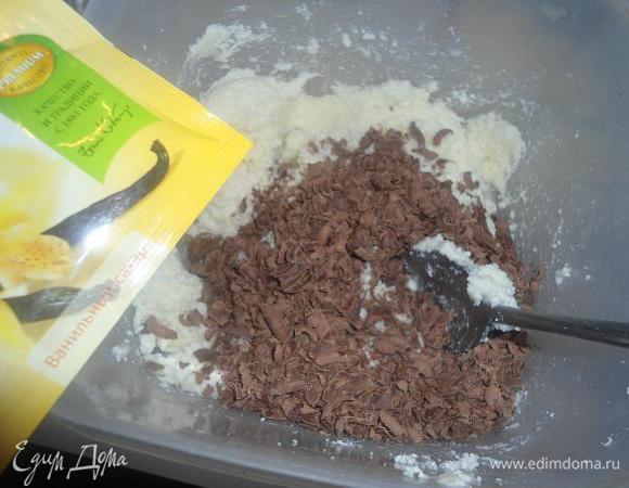 Шоколад натереть на крупной тёрке,добавить к творогу вместе с ванильной пудрой,тщательно перемешать.