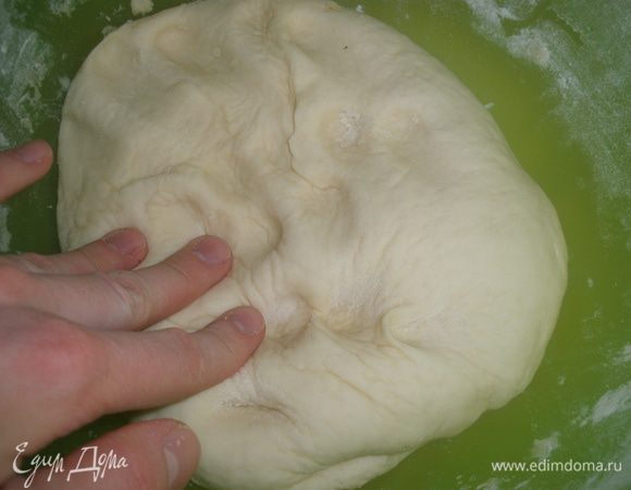 Тесто обмять до первоначальных размеров, нарезать на 16 кусочков. 