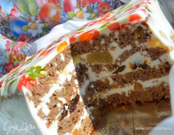 Приготовление: Куличи нарезать ломтиками и обрызгать смесью сиропа и воды( у меня кулич был пряный , если он магазинный можно добавить пару ложек коньяка и по ¼ ч.л. корицы, гвоздики, кардамона в эту смесь) . Творог и йогурт взбить в блендере и добавить взбитые сливки. Желатин замочить в ¾ стакана воды и после набухания распустить в микроволновке. Соединить желатин с творожной массой, вымещать и разделить на 4 части. Цукаты , по отдельности, измельчить.