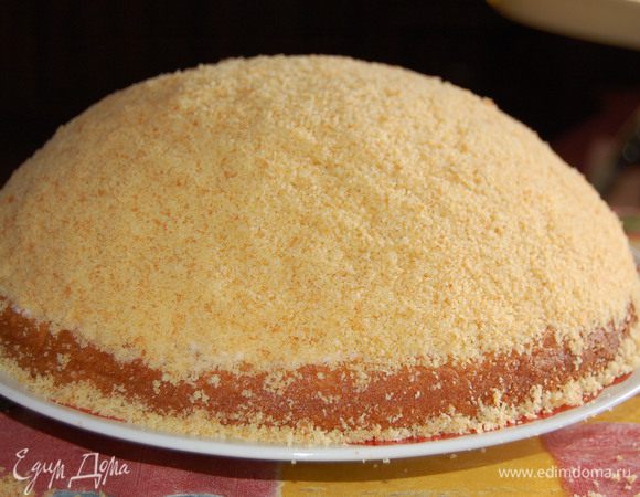 Остатки бисквита измельчить и посыпать торт. Крошки слегка прижать.