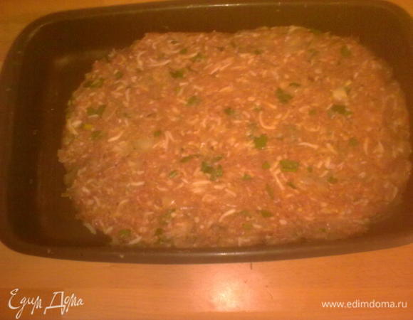 лук мелко нарезать и обжарить,добавить в фарш,
я когда мелю фарш добавляю пару головок лука,так он сочнее.Добавляем яйца,тёртый сыр,сухари,по желанию хлеб вымоченный в молоке(я не добавляю,по мне достаточно сухарей),выдавленый чеснок,петрушку,специи,хорошенько вымешиваем и выкладаваем в смазанную маслом форму,ставим в разогретую духовку и запекаем минут 50 на 190-200градусов
