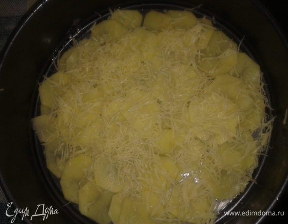 дно формы простелить бумагой,которую смазать маслом и выложить тонко нарезанный кружками картофель