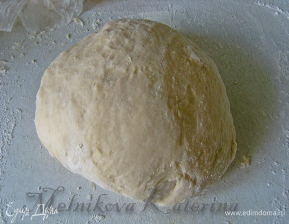 Выложить тесто на стол, обильно присыпанный мукой. Добавляя оставшуюся половину муки, замесить тесто (возможно, муки может уйти и немного больше). 