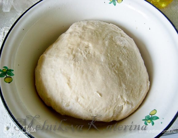 Смазать растительным маслом тару, выложить тесто, накрыть полотенцем, поставить в укромное и теплое место для подхода. 